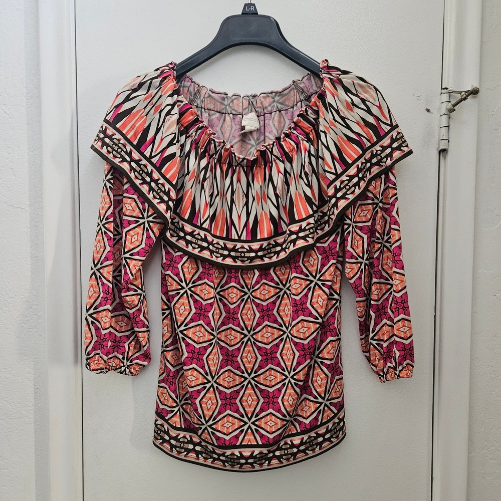 Chico's "Ethnic Tempo" Off-The-Shoulder Blouse Women 2 Multi Geometric Tribal